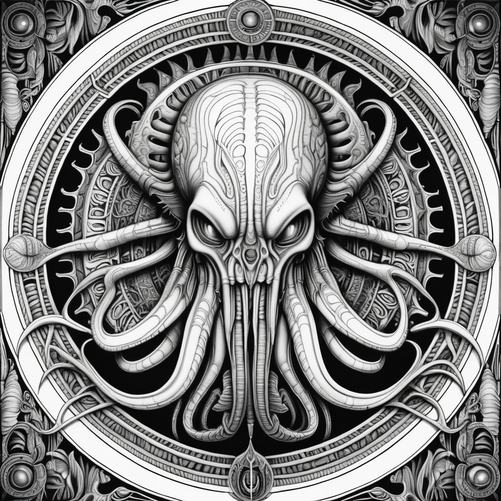 black & white, coloring page, high details, symmetrical mandala, strong lines, mind flayer in style of H.R Giger