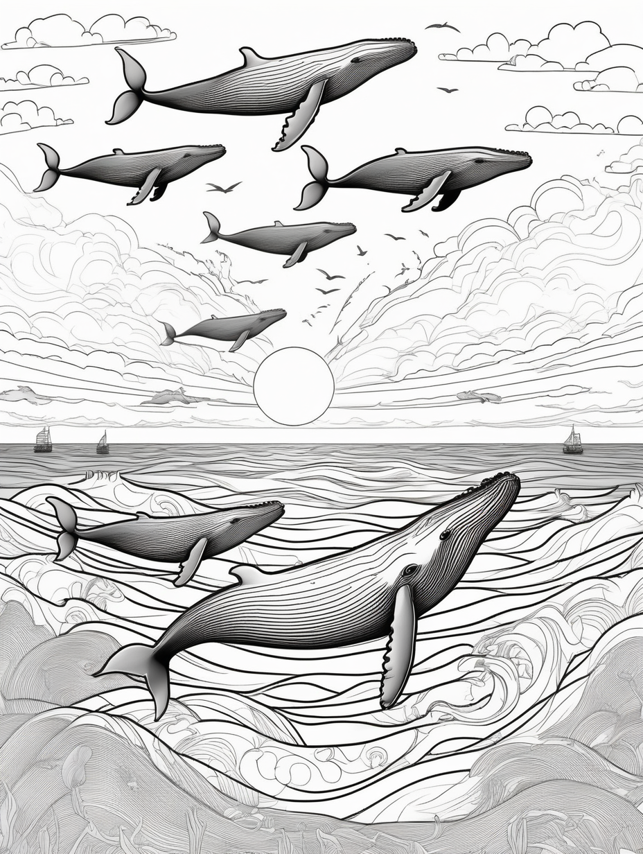 whales migration flying in the same direction on the sunset sky, coloring page, no colors