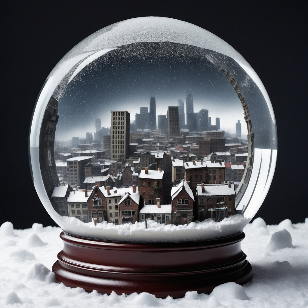 bombed out city in a snow globe