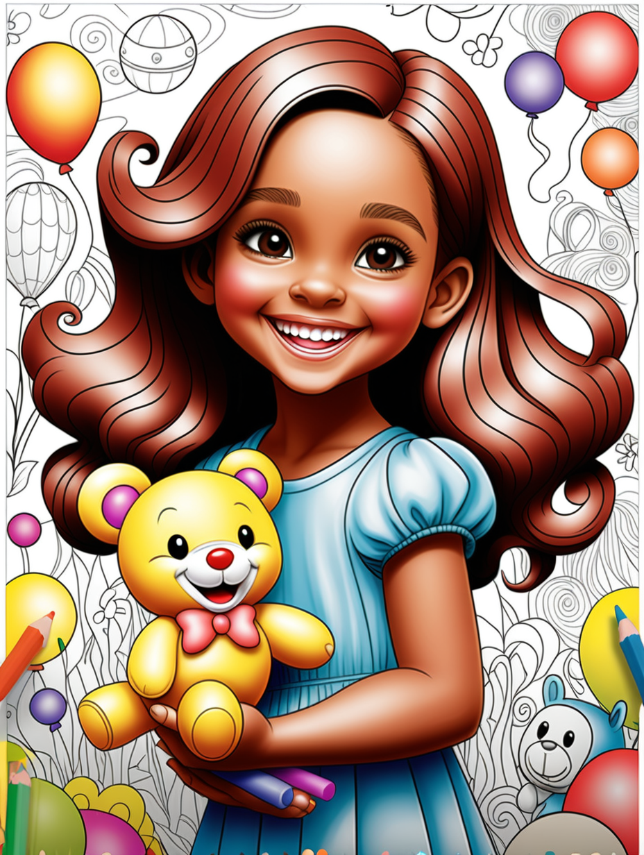 The cover of a coloring book, width 17.43 inches and length 11.25 inches. A drawing of a girl holding a toy while she is happy, with all the colors and shading in it.