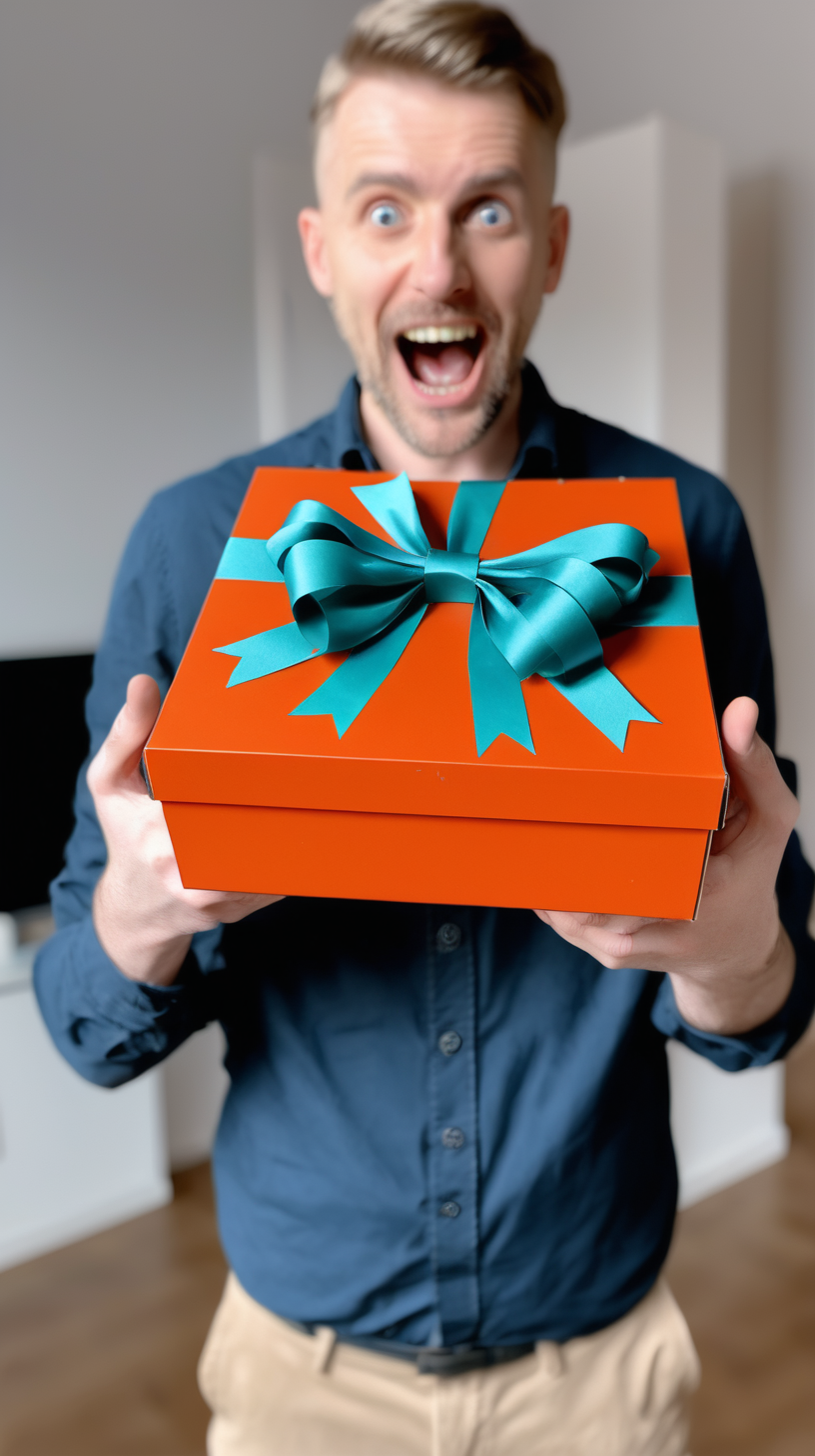 Man holding a box with a suprise bow on it