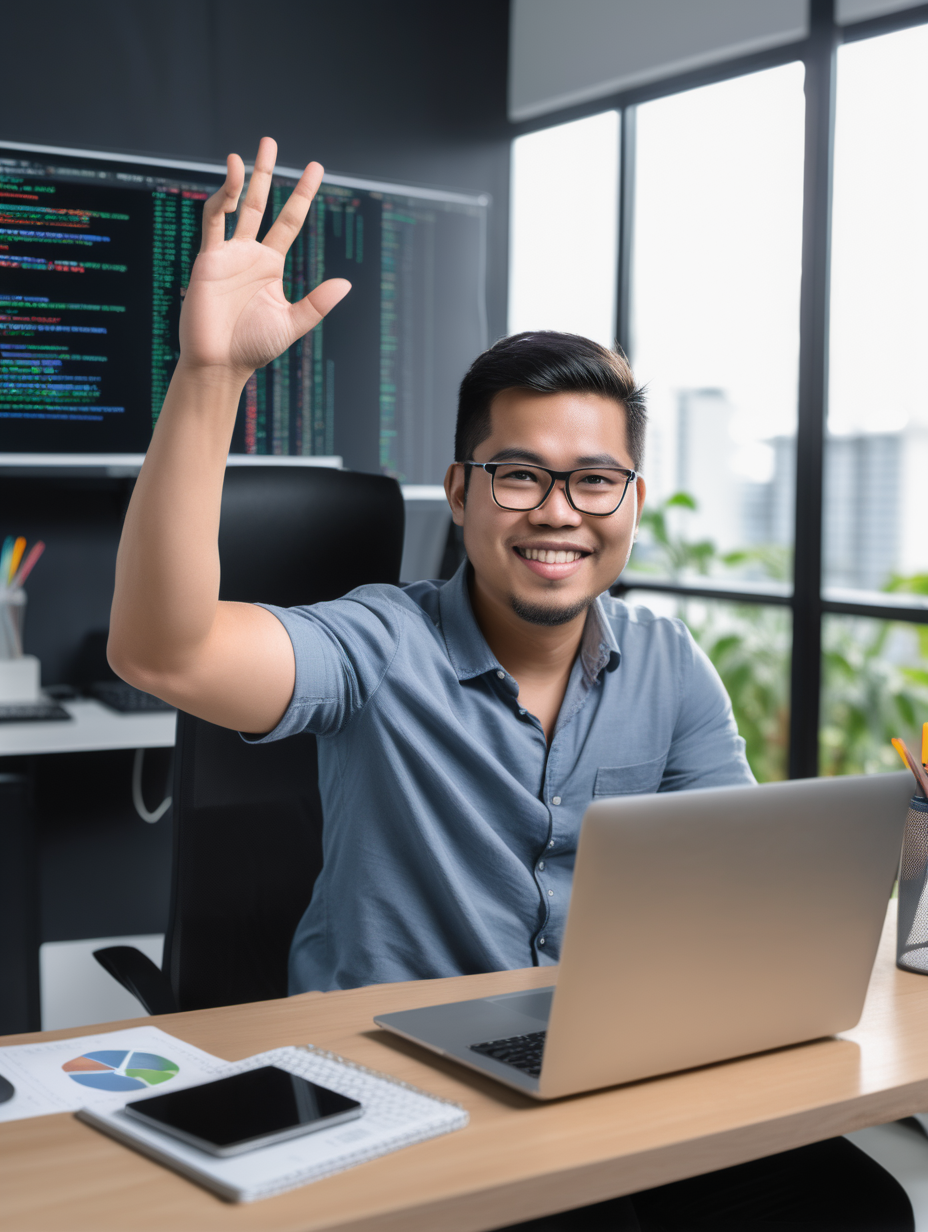 Good looking filipino Software developer sitting at his desk and waving with one hand holding his laptop under the other arm, with software development desk scene in the background
