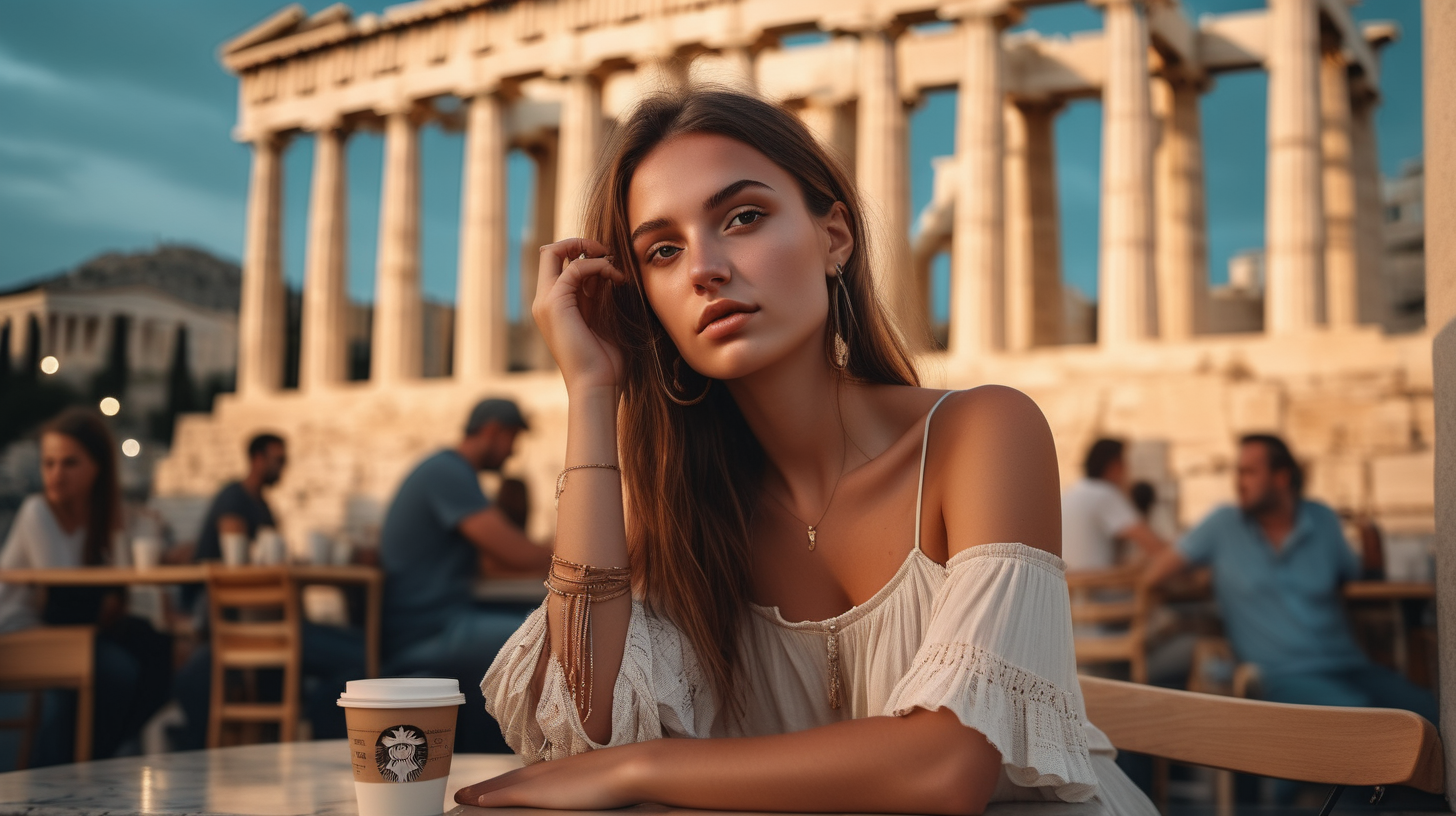 post classic, portrait photography, boho outfit, super realistic woman, sitting in a street coffee shop in modern Athens, dusk blurred Parthenon in the background. Perfect and simetric body and hands. The lighting in the portrait should be dramatic. Sharp focus. A ultrarealistic perfect example of cinematic shot. Use muted colors to add to the scene.