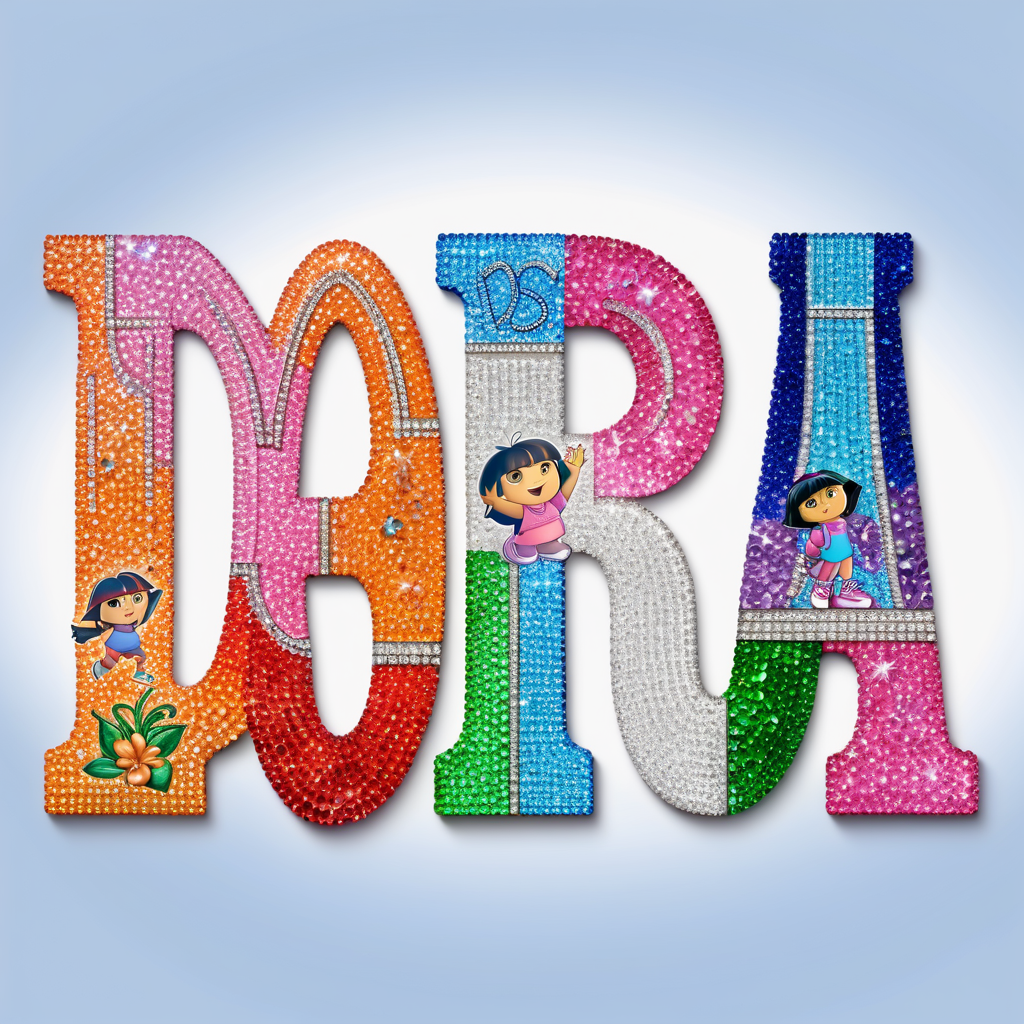 the exact spelling of the name DORA in colorful rhinestone letters  and no image
