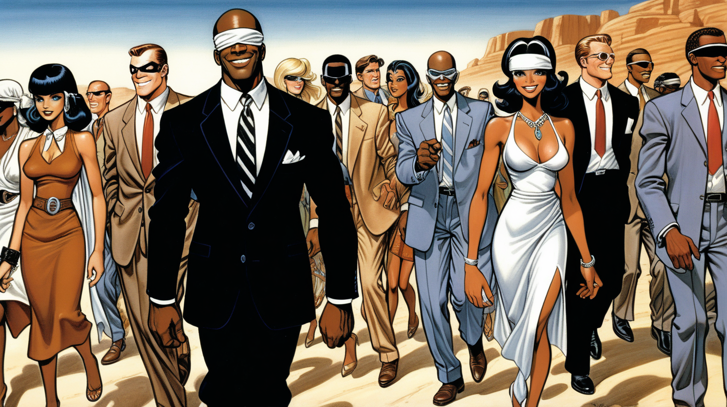 a blindfolded black man with a smile leading a group of gorgeous and ethereal white and black mixed men & women with earthy skin, walking in a desert with his colleagues, in full American suit, followed by a group of people in the art style of Bruce Timm comic book drawing, illustration, rule of thirds