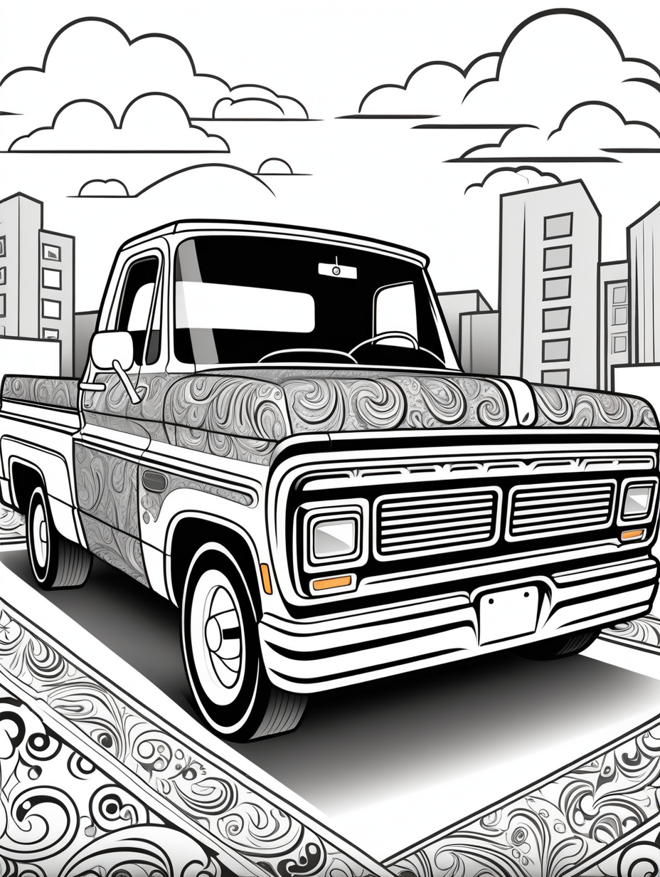 low-rider pick-up truck, paisley pattern background, children's coloring book page, cartoon style, clean line art, line art, coloring book, black and white, no color