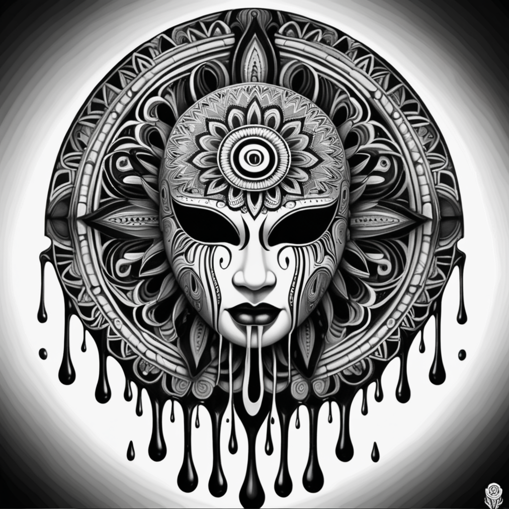 black & white, high details, symmetrical mandala, strong lines, sad face mask that is melting, dripping