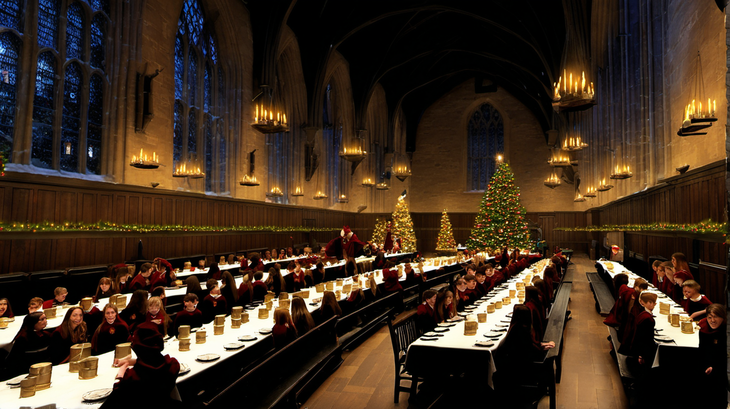 hogwarts great hall during christmas with students and 4 long tables