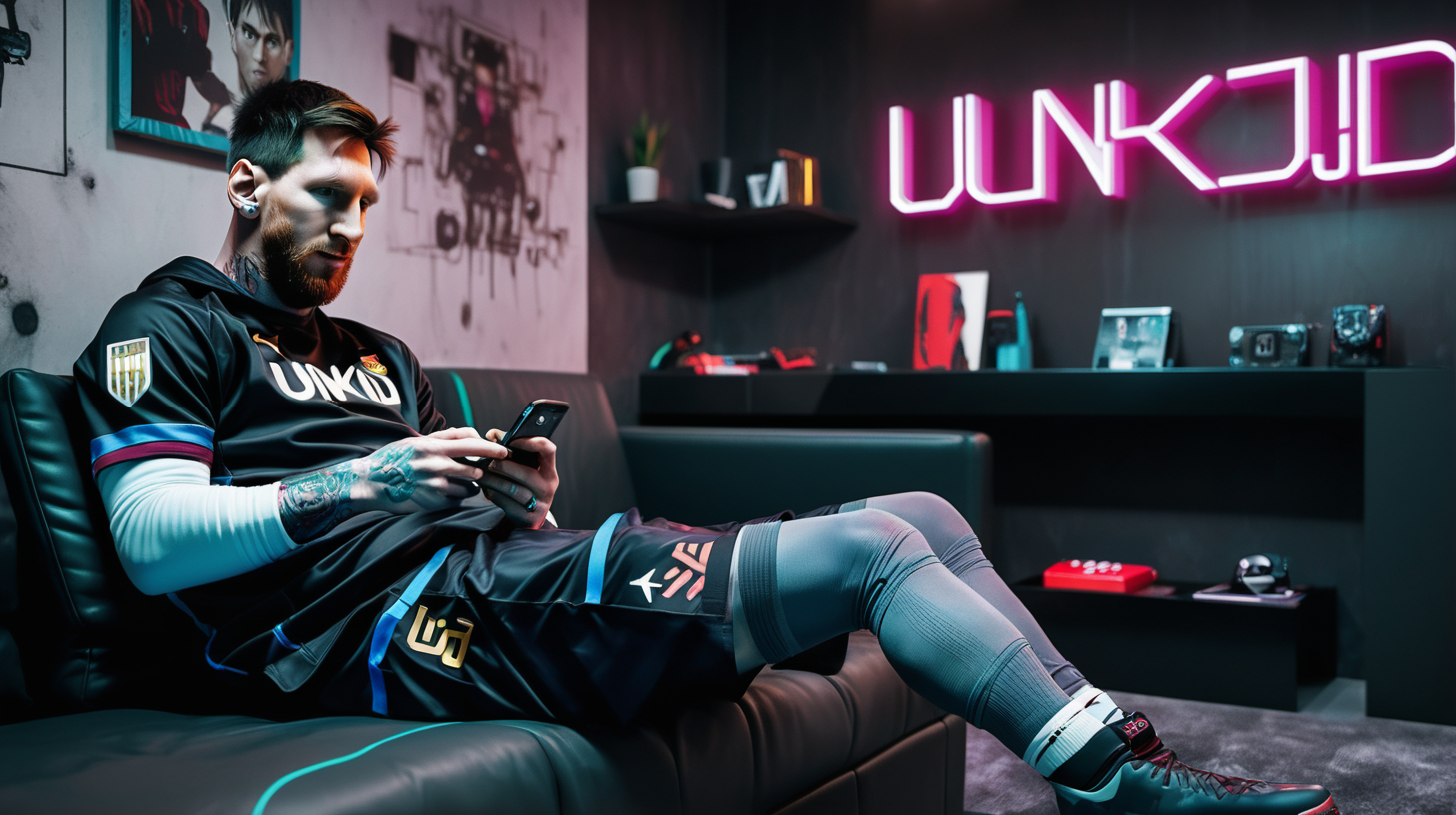 messi sitting on couch with a phone with UNKJD written on clothes in UNKJD cyberpunk games room