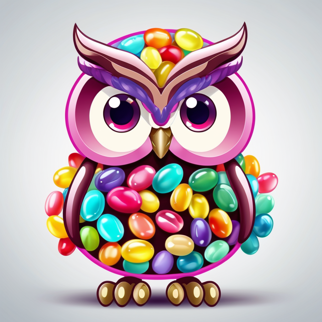 a wise old owl that is made of jelly beans cartoon anime style, similar to CandyLand