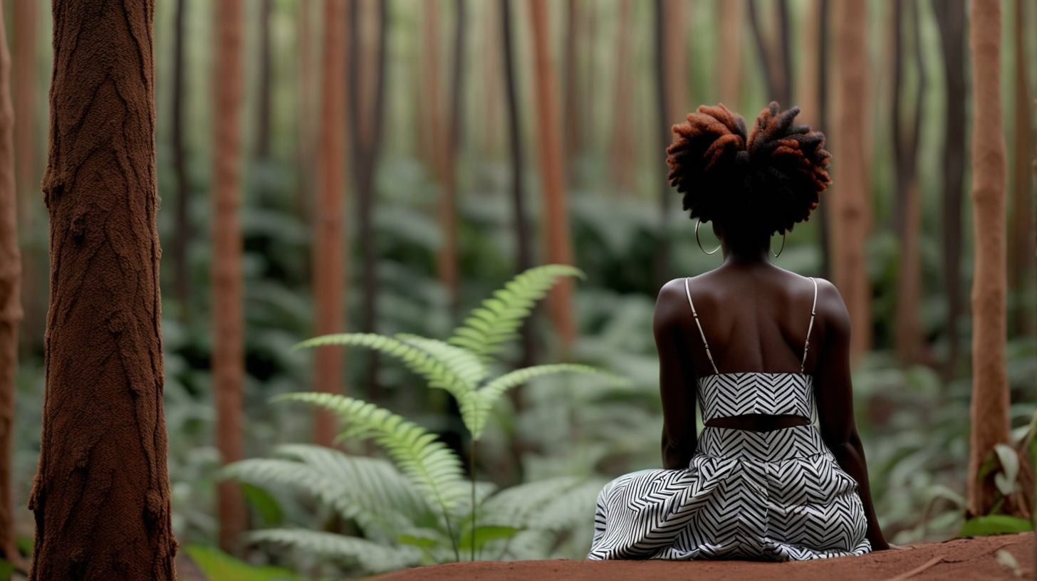 an image from behind a black woman sat in the distance in a forest in africa