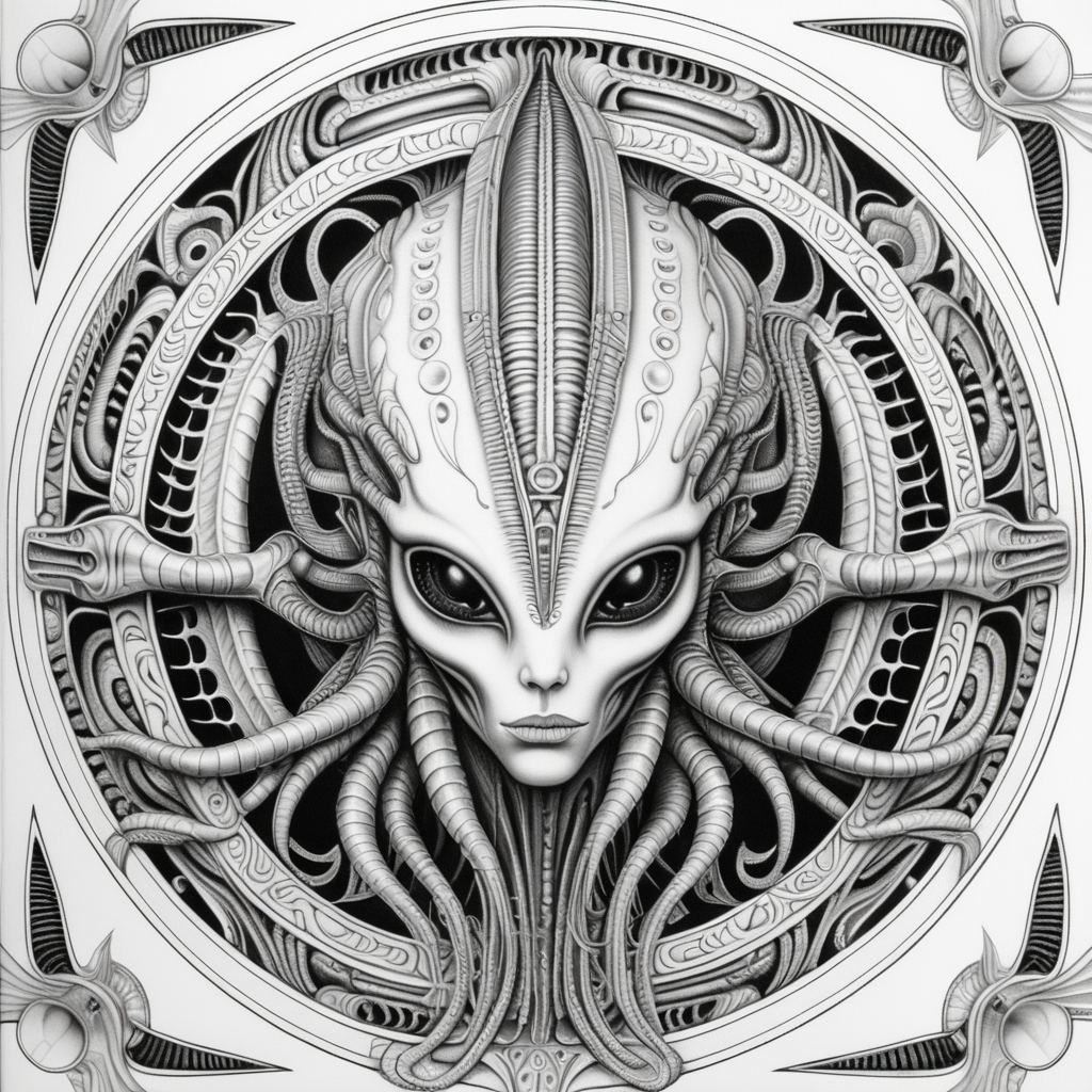 adult coloring book, black & white, clear lines, detailed, symmetrical mandala, queen alien in style of H.R Giger