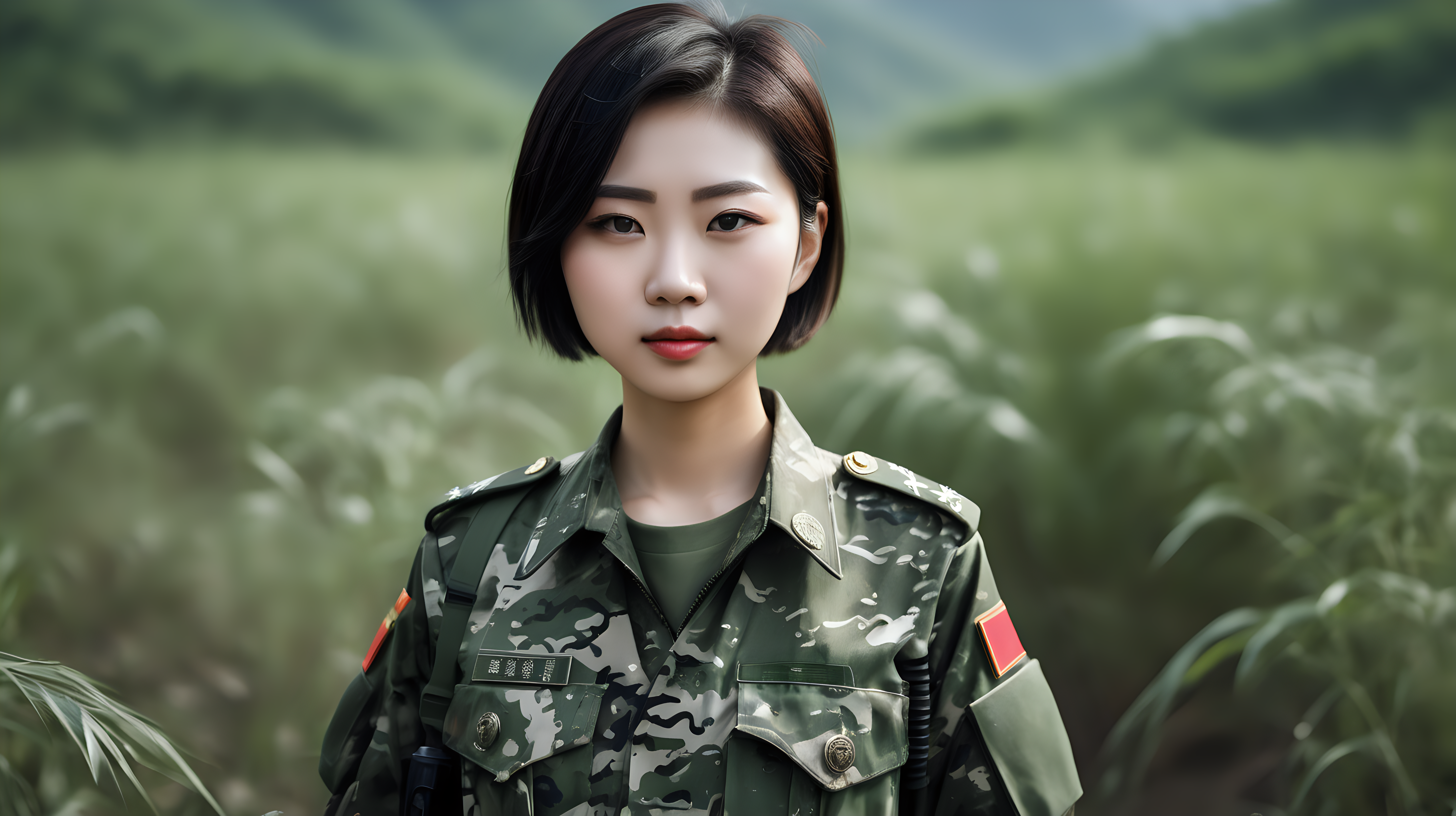 A Chinese female soldierYoung personShort hairLarge chestFrontal faceCamouflage