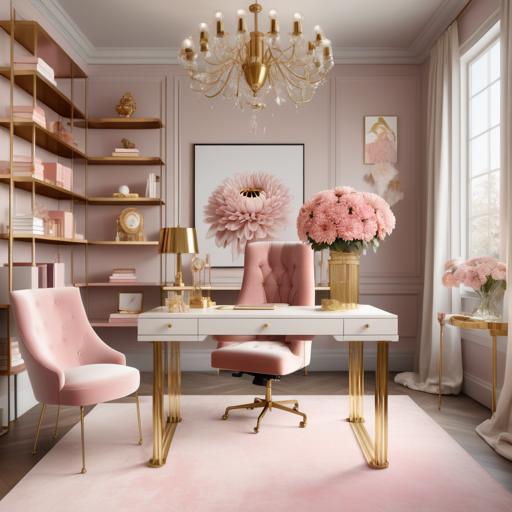 hyperrealistic image of an elegant home office interior with floor to ceiling brass shelves  full of trinkets and books, a bouquet of crysanthemum, a crystal chandelier, a pink velvet desk chair with brass legs at a white and brass desk, a statement piece of art, in a beige, dusty pink and brass colour palette