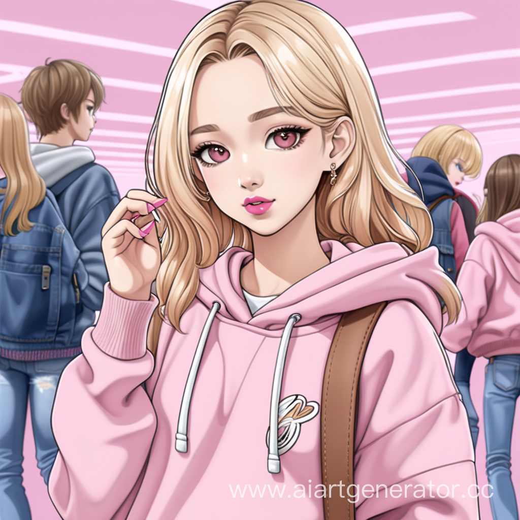 Girl in pink clothes in the style of the 2000s, full lips, soft pink lipstick, blonde, shoulder-length wavy hair, big brown eyes, fair skin, thin, heels, pink hand bag, anime style, Italian, pink striped knit hoodie, Jeans PEIGE high-waisted