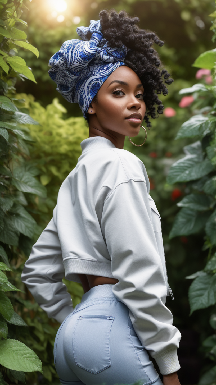 A beautiful, young Black woman, wearing curly black hair, wearing an anfrican print head wrap, standing against a lush garden background, Facing toward the camera, wearing a white, nylon bomber, wearing a blue denim dress shirt, wearing a Heather Grey, white tee-shirt, wearing heather gray, loose fitting, sweatpants, lighting is over the left shoulder, from behind, pointing down ultra 4k render, high definition, deep shadows, in a garden of black roses