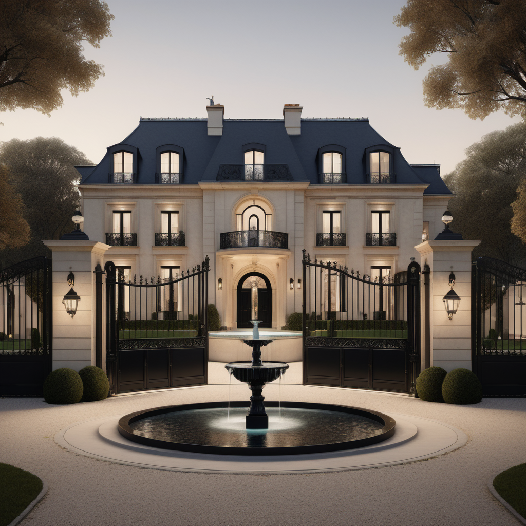 a hyperrealistic of an elegant Modern Parisian estate home exterior with mood lighting black wrought iron gates and a circular driveway with fountain at the centre in a beige oak brass and black colour palette 
