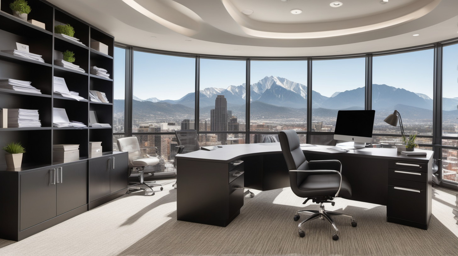 Step into the sleek and professional realm of a Property Owners' Association (PPE) administrator's office, where efficiency and contemporary design harmoniously converge against the urban panorama of a dynamic city. Imagine a meticulously organized desk for an accounting professional, adorned with cutting-edge design furniture, including a sleek black leather chair. Only one chair. This desk provides a commanding view of the cityscape with majestic mountains in the distance. Capture the essence of relaxed elegance with warm tones punctuated by touches of light, creating an atmosphere that resonates with the dynamism and positivity unique ans soft touches of light, creating an atmosphere that resonates with the precision and reliability crucial for accounting work.

Introduce prominent visual elements symbolizing the accounting aspect of property management. Envision an elegant and modern filing a big cabinet with well organised workbooks all along the wall . On the desk show meticulously organized financial reports, documents, and blueprints well visible. Illuminate the space with sleek, adjustable lighting to foster a welcoming yet efficient ambiance.

As the accounting professional draws inspiration from the vibrant city and the striking mountains in the background, they are fully equipped to approach property management responsibilities with a positive, organized, and professional mindset in their stylish and purposefully designed workspace. 