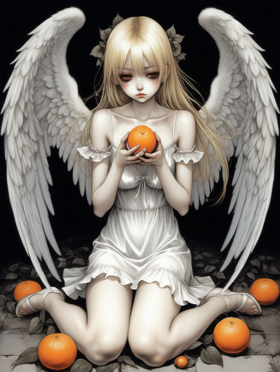 Chica angel con alas, sentada en el suelo sosteniendo una mandarina con las dos manos. Tiene un vestido blanco corto con tirantes simple, el pelo largo rubio y los ojos negros. A su lado crecen rosas marchitas. La ilustracion es del estilo de Takeshi Obata. La ilustracion es muy tenebrosa y perturbadora. Hay tonos tetricos y motivos barroco