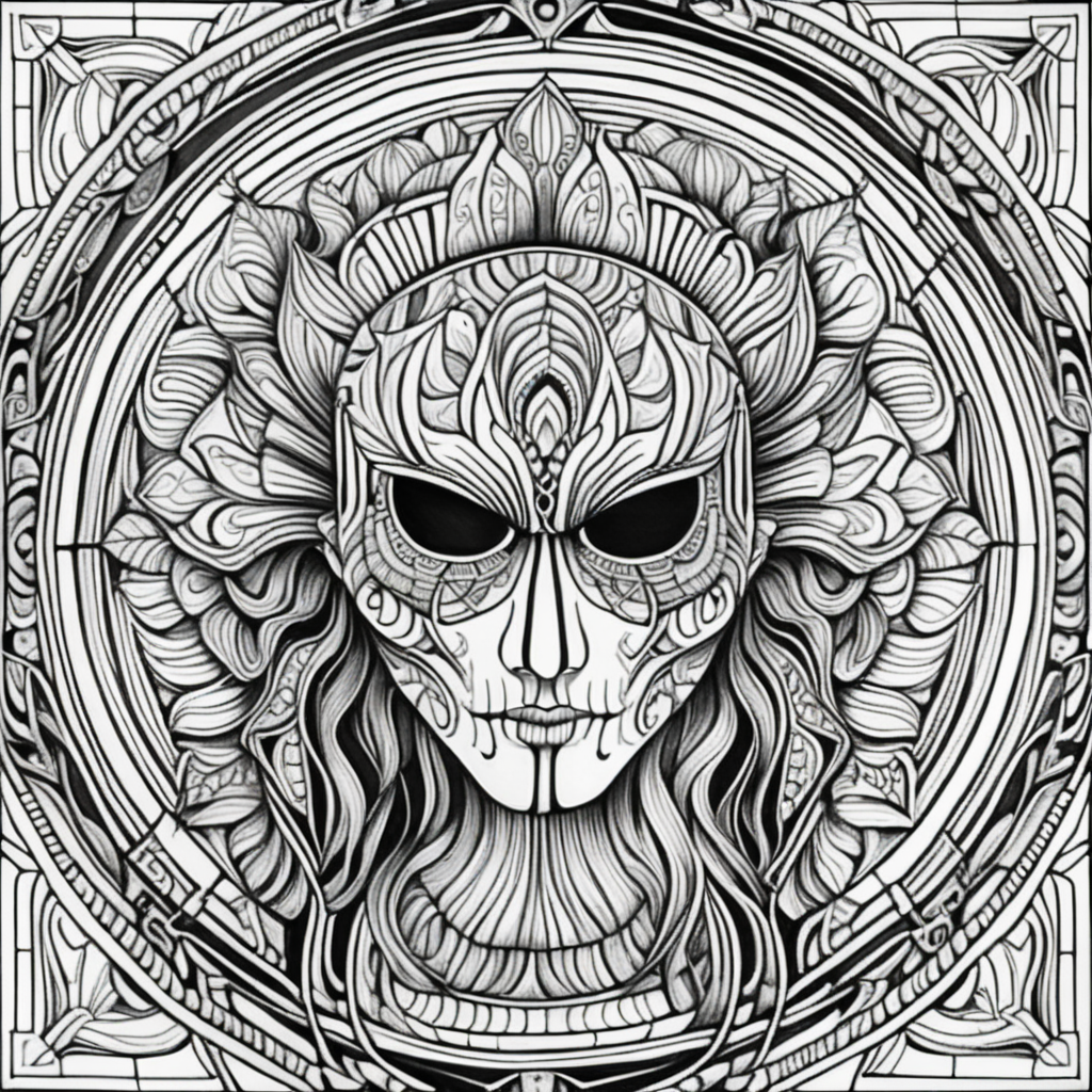 adult coloring page, black & white, strong lines, high details, symmetrical mandala, faceless horror