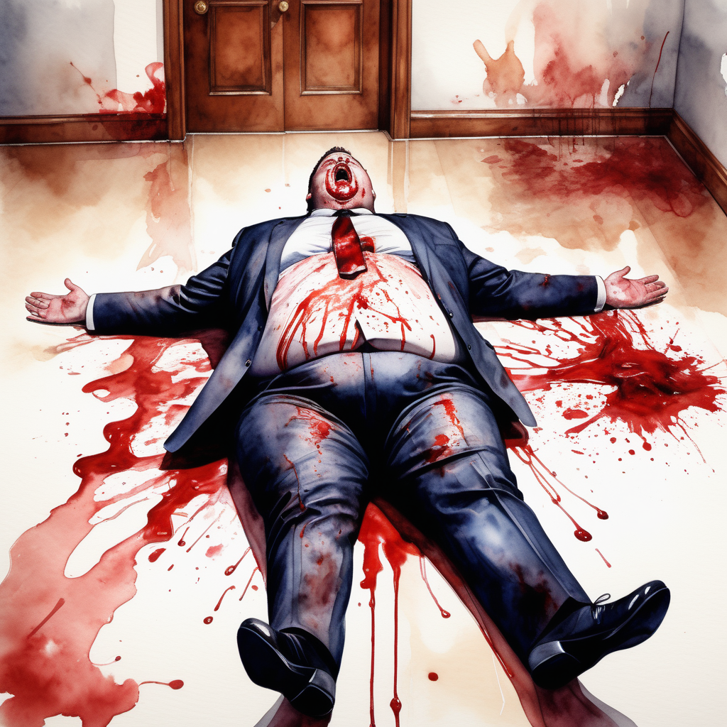 fat man in a suit and tie stained with blood lying on the floor of a room face up as if he were dead with his mouth open and eyes bulging, image based in watercolor paint.