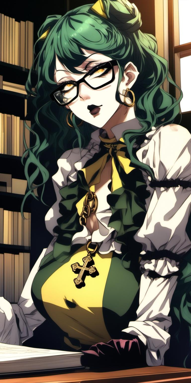 Muscular Anime woman with dark green hair and large lips with dark lipstick and dark heavy makeup. wearing glasses. wearing a cross necklace.  wearing a frilly yellow dress. sitting in a study. Dorky expression.