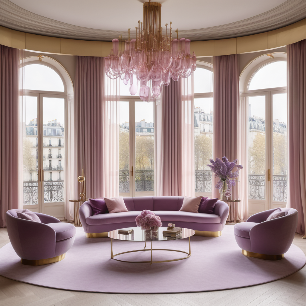 hyperrealistic image of large modern Parisian living room, floor to ceiling windows, curves, beige, pink, lilac and brass colour palette, brass chandelier, sheer curtains