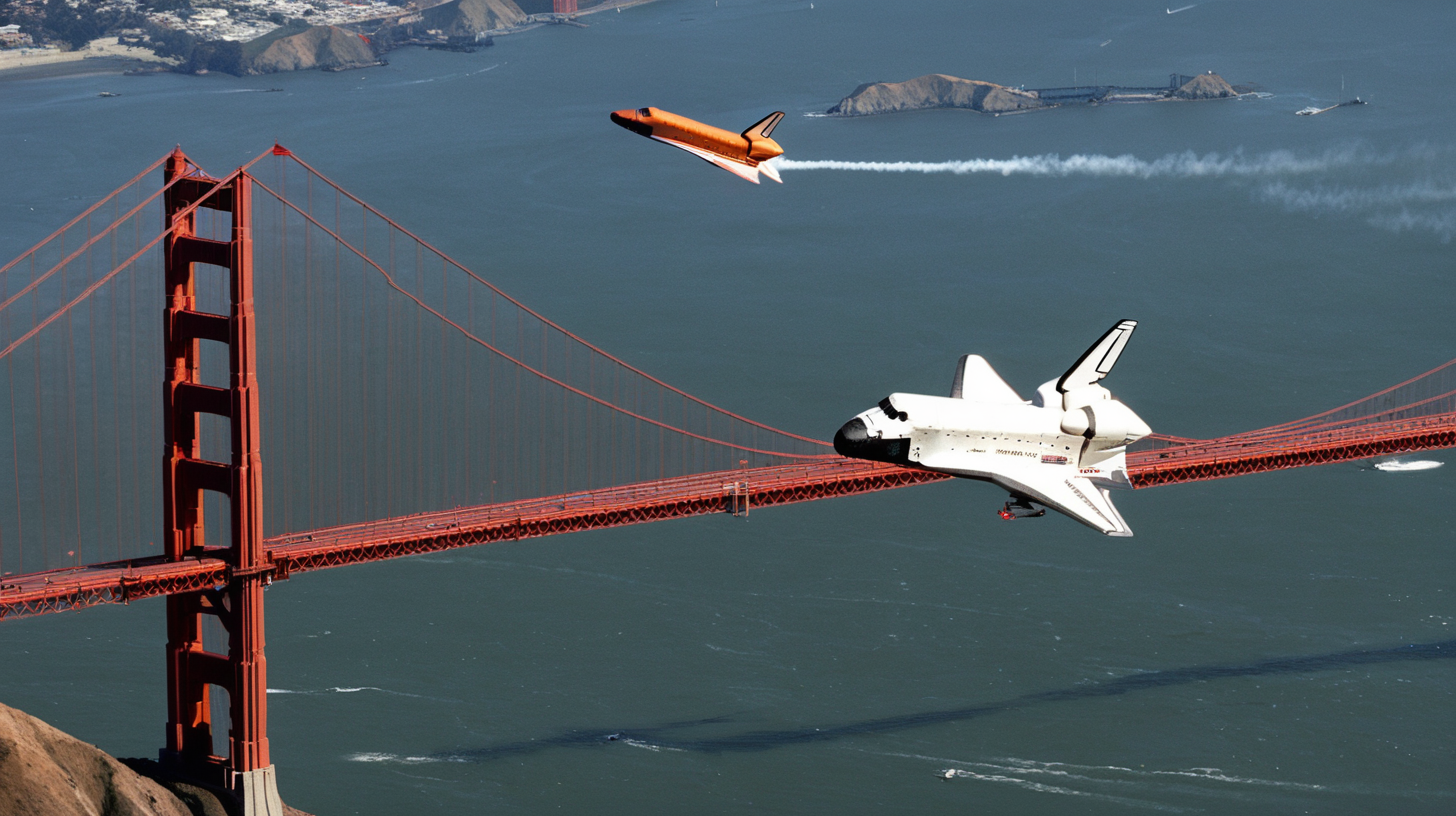 space shuttle flying over Golden Gate bridge 