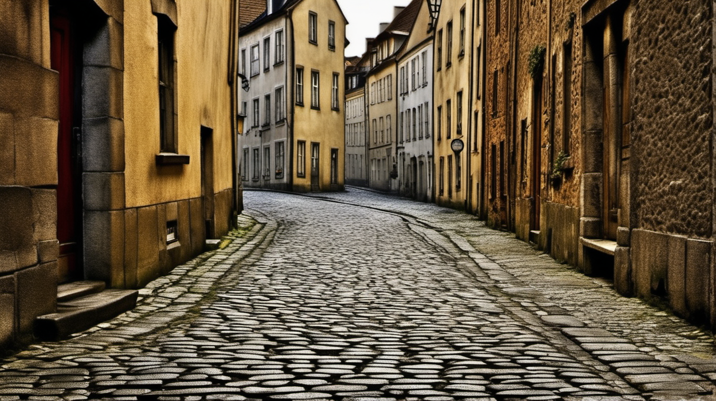 An aged cobblestone street in an old European town, worn by the passage of time and history. The stones, weathered and irregular, create a captivating and nostalgic scene. Weathered, Timeless, Historic, Textured, Evocative. DSLR camera. Prime lens for detailed shots. Late afternoon, when soft, warm sunlight casts elongated shadows and highlights the textures of the cobblestones. Focus on the unique textures, patterns, and irregularities of the cobblestones, capturing the timeless beauty and historical character. Experiment with angles and perspectives to showcase the weathered details and the interplay of light and shadow on the uneven surface. Aim for high-resolution digital images to capture the intricate details and textures of the cobblestones. Post-processing can emphasize the aged, textured feel of the stones while retaining the nostalgic allure of the scene.