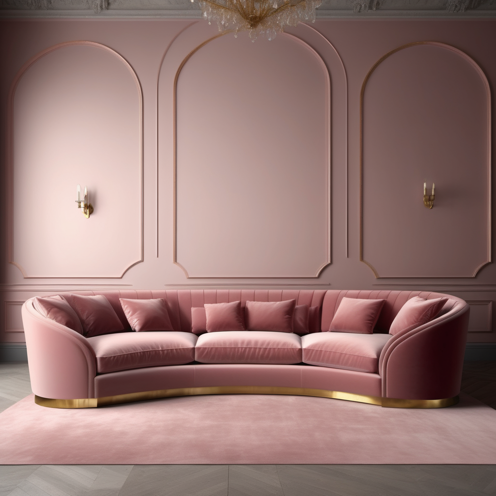 hyperrealistic image of modern Parisian  large curved dusty rose velvet sofa with brass