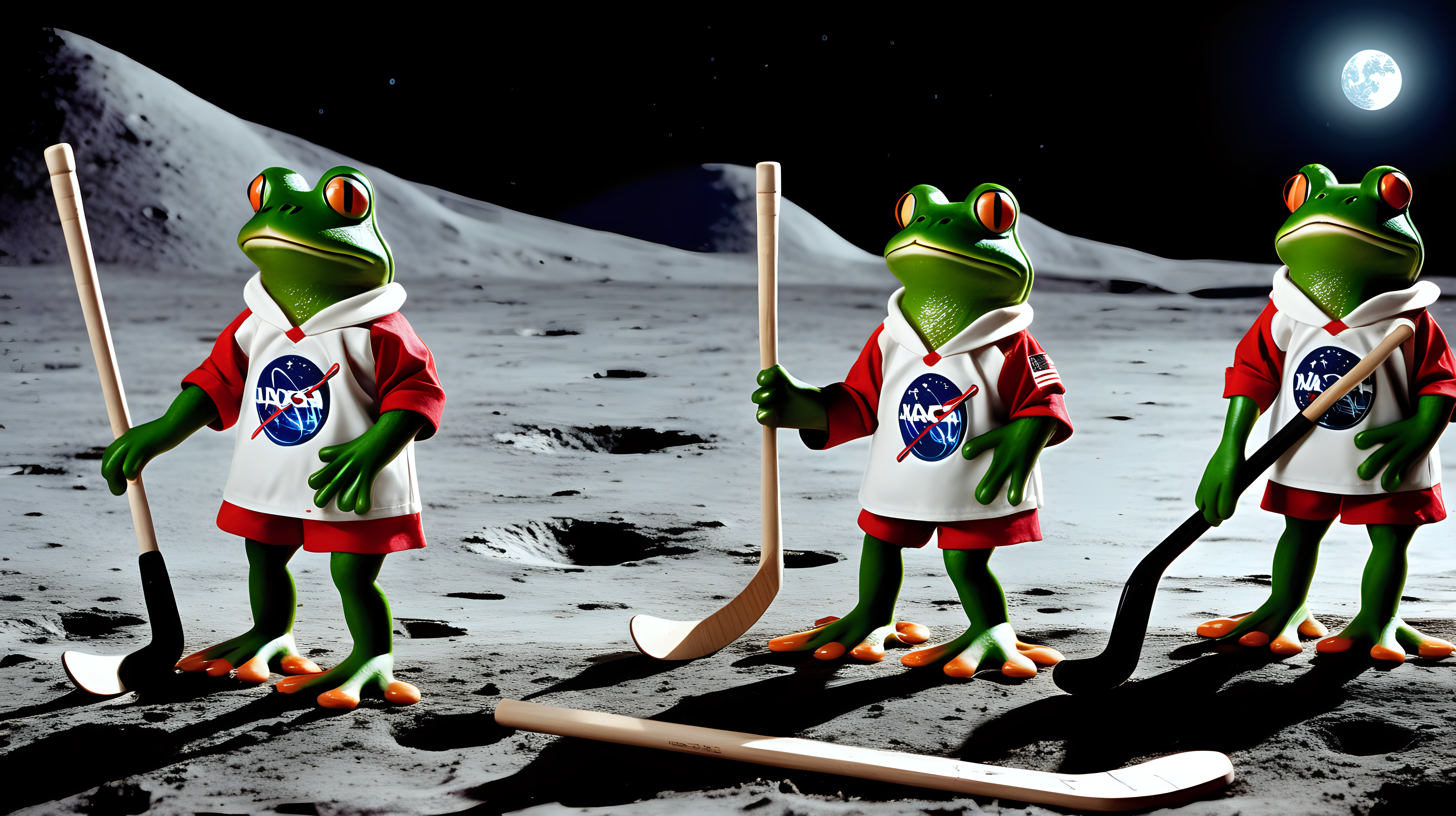frogs dressed in uniforms playing hockey on the