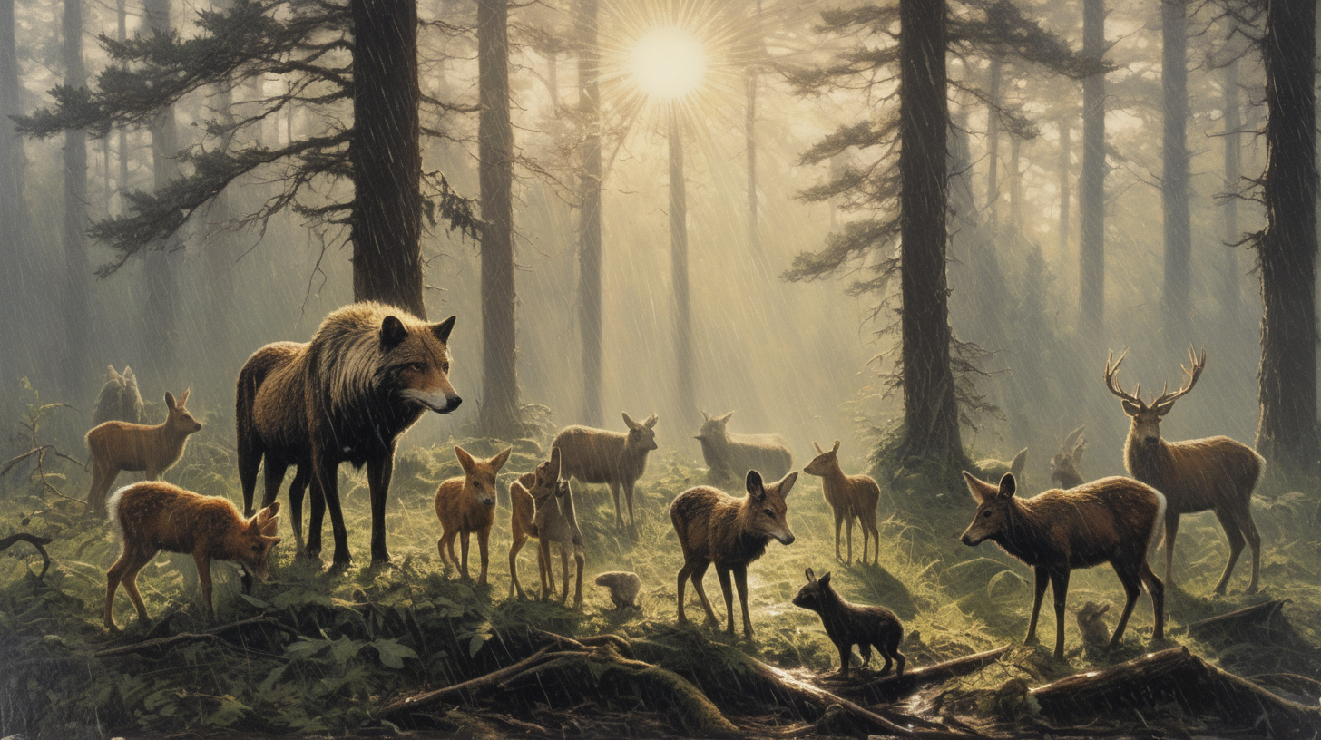 Underwood with animals of the forest piercing sun
