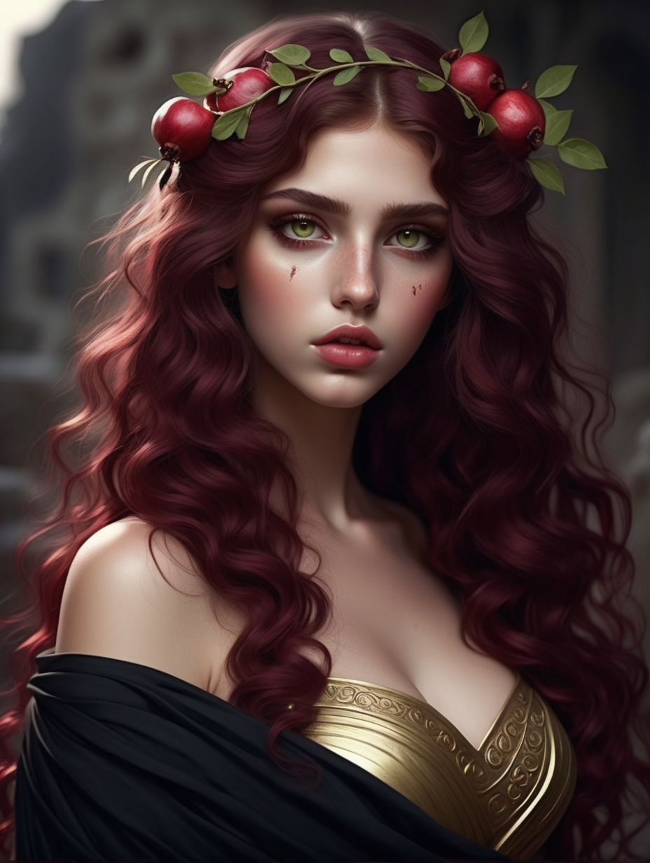 a very beautiful greek goddess 
wavy maroon hair
heart shaped face
perfect lips
light olive colored eyes
in a dark abyss
pomegranates
wearing a sexy black toga
