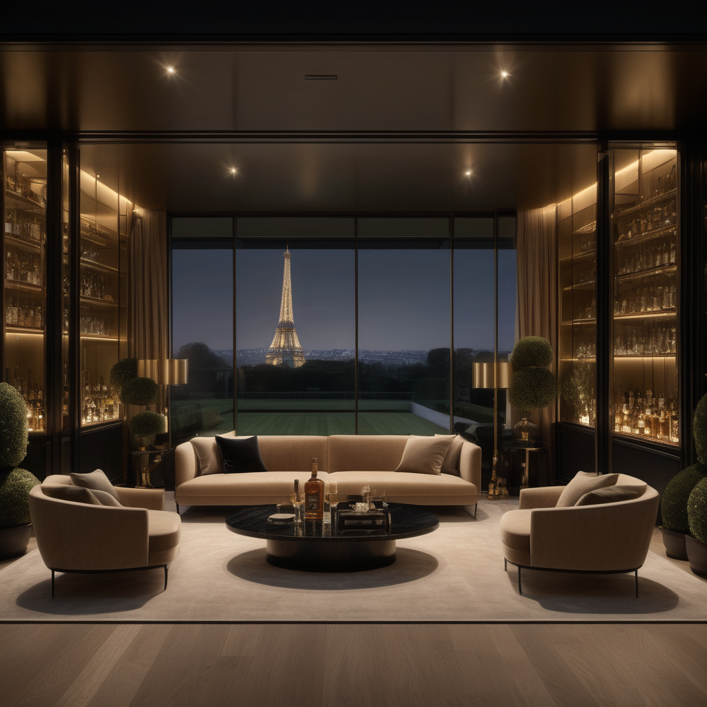 a hyperrealistic of a grand modern Parisian estate home whiskey den at night with mood lighting,  floor to ceiling windows with a view of the manicured gardens, in a beige oak and brass and black colour palette
