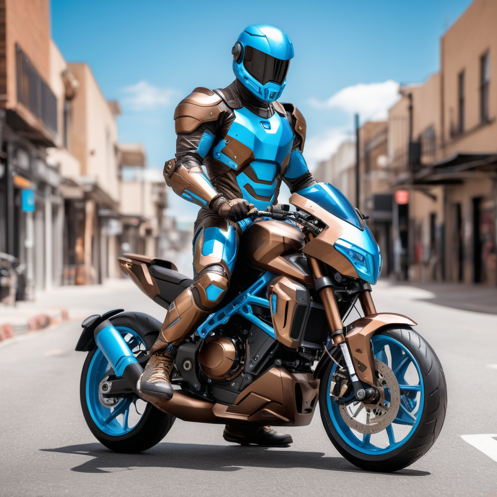 fit man, sky blue and bronze tech armor suit,  sky blue and bronze motorbike,  sky blue and bronze tech mace, sky blue and bronze tech shield, street, day