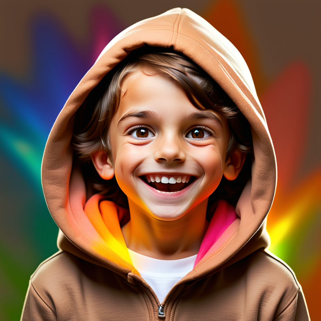 Happy 7 year old brunette boy with a colourful aura, wearing a brown hoodie and white top



