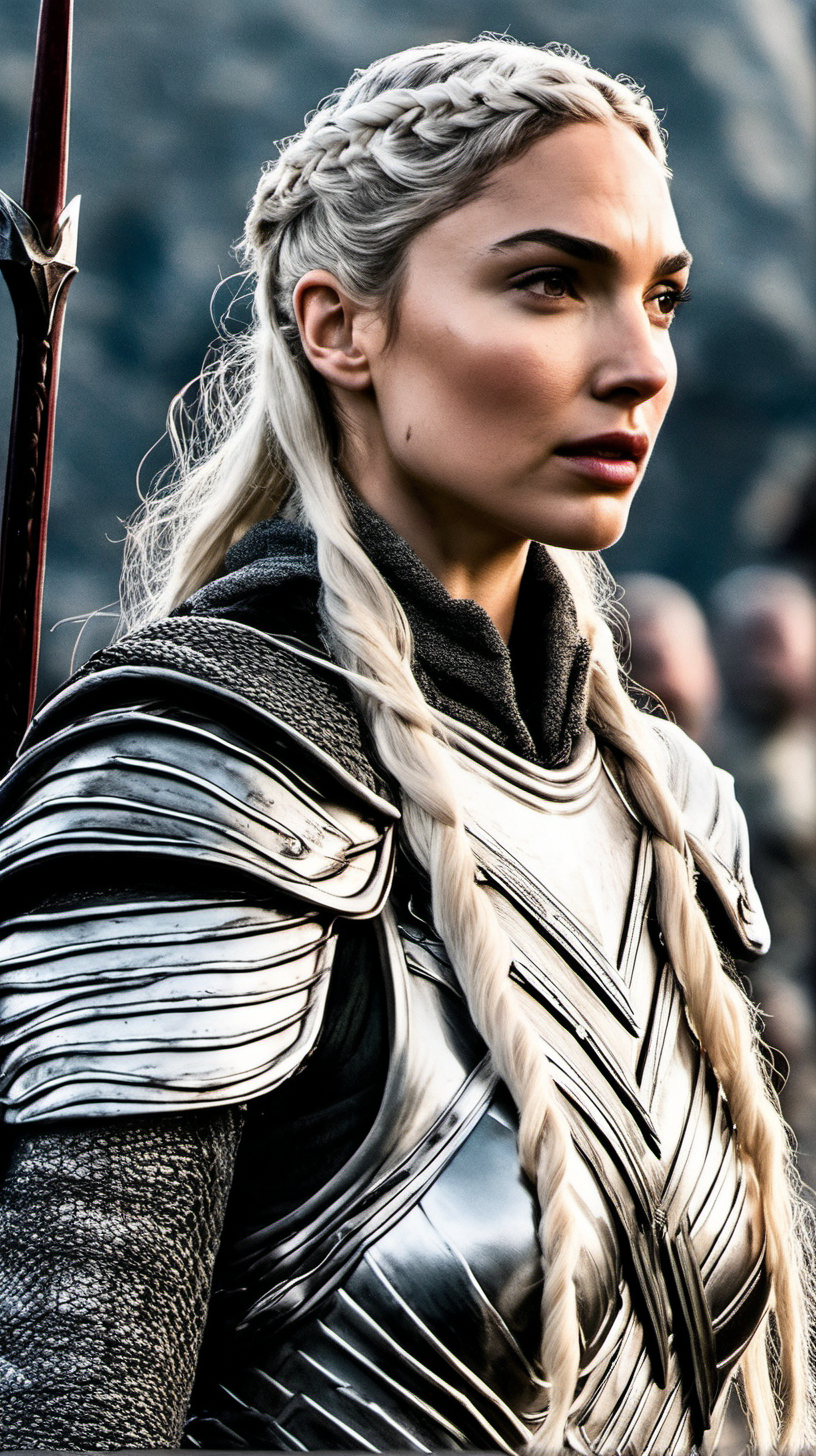 Gal Gadot, with platinum blonde hair in warrior braids, wearing silver armor in Game of Thrones. 