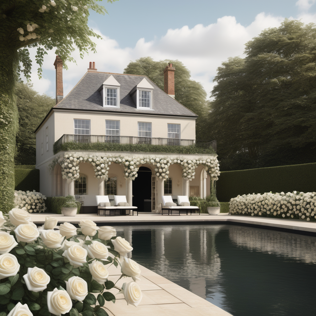 hyperrealistic image of an English country estate pool