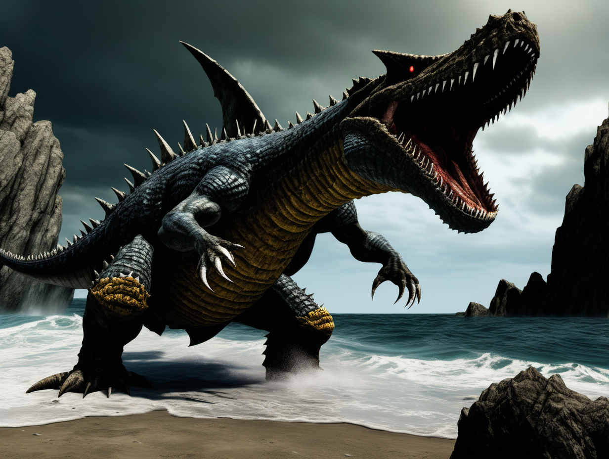 dark souls style sarcosuchus shark hybrid veedramon boss fight on a craggy beach