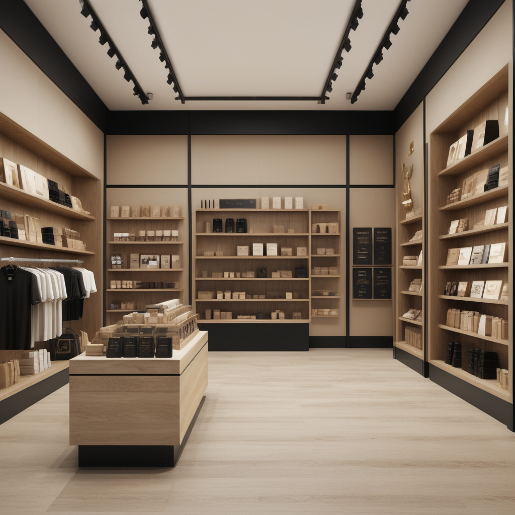 hyperrealistic image of a store interior in a beige, oak, brass and black colour palette