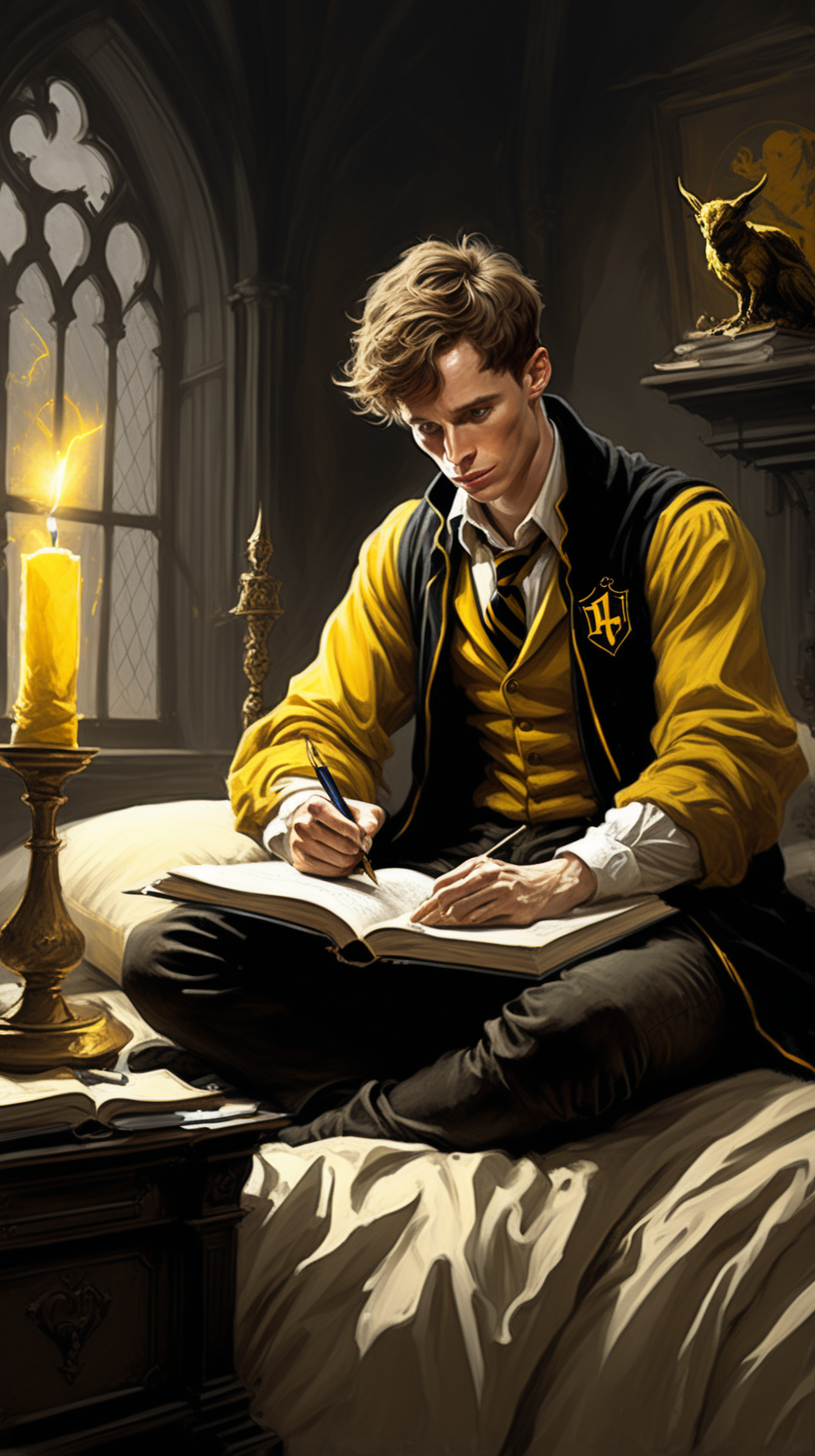 Create a dark fantasy art illustration,  frank frazetta style, of Eddie Redmayne, as a Hogwwarts Hufflepuff student studying on bed