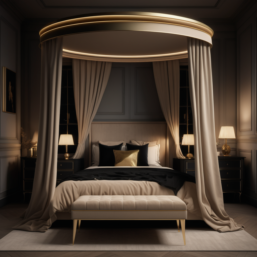 a hyperrealistic of a grand modern Parisian estate home Teenagers bedroom at night with mood lighting, a double bed with a canopy, in a beige oak and brass colour palette with accents of black
