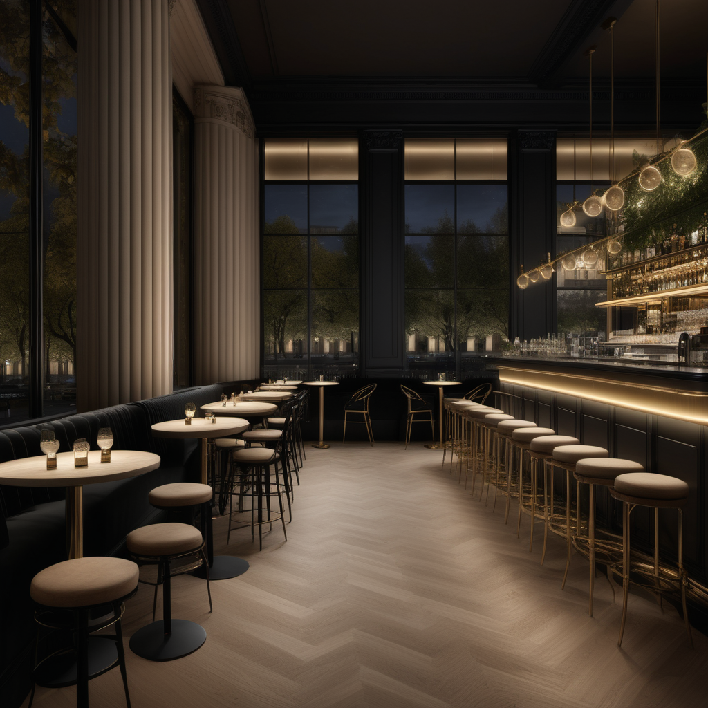 a hyperrealistic of a grand modern Parisian cafe and bar at night with mood lighting,  floor to ceiling windows with a view of the gardens, in a beige oak and brass and black colour palette
