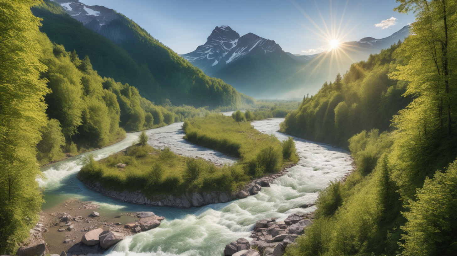 A natural beauty map with a river in the middle, high mountains on both sides, waterfalls, and sunlight shining in front