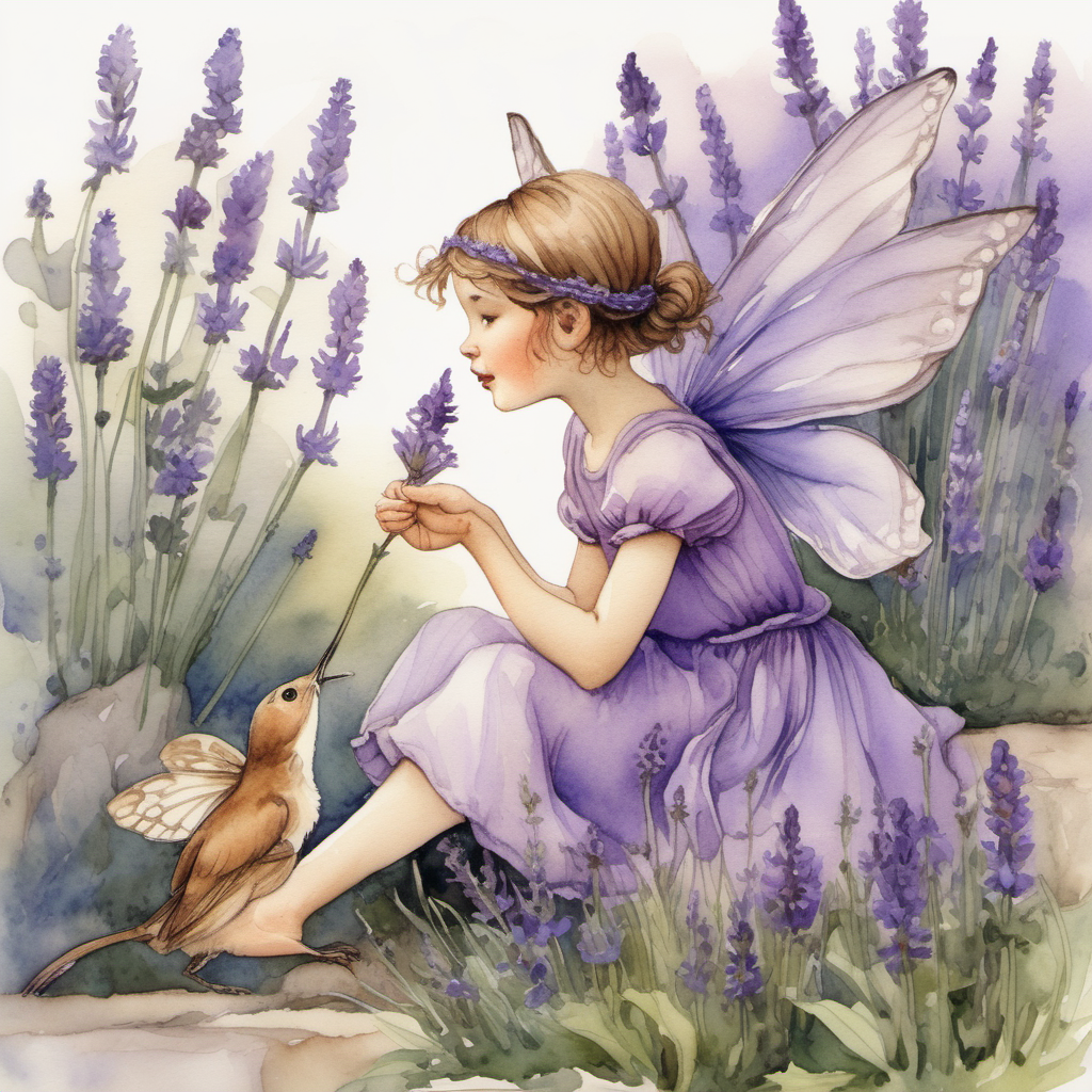 a watercolor lavendar flower fairy in the style of Cicely Mary Barker dressed in a lavendar skirt and top talking to a nightingale on her finger surrounded by lavendar flowers and greenery.  
