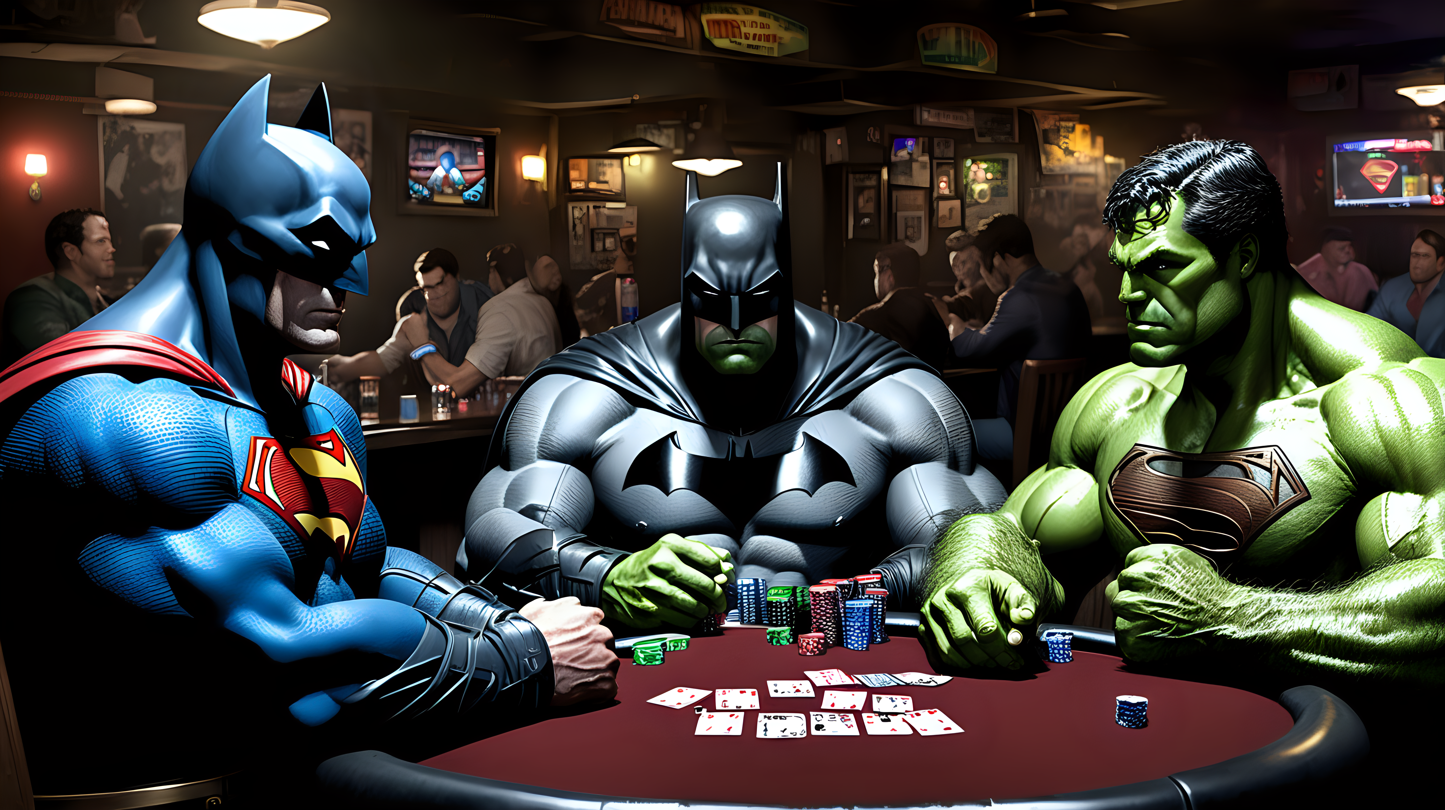 The Batman and Superman and Hulk playing poker and having drinks in a dive bar