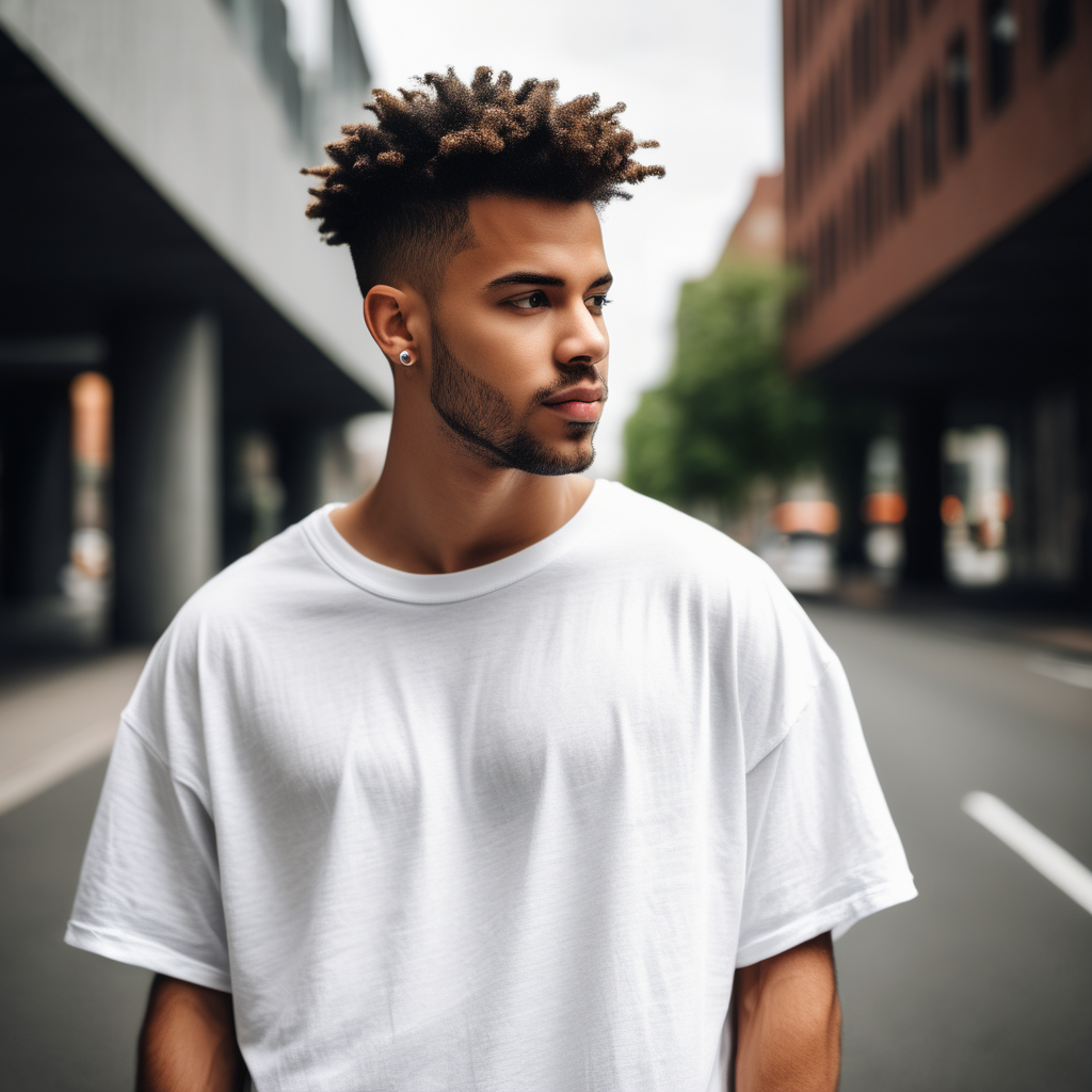 stock photography of urban male wearing oversized white t-shirt. setting urban.