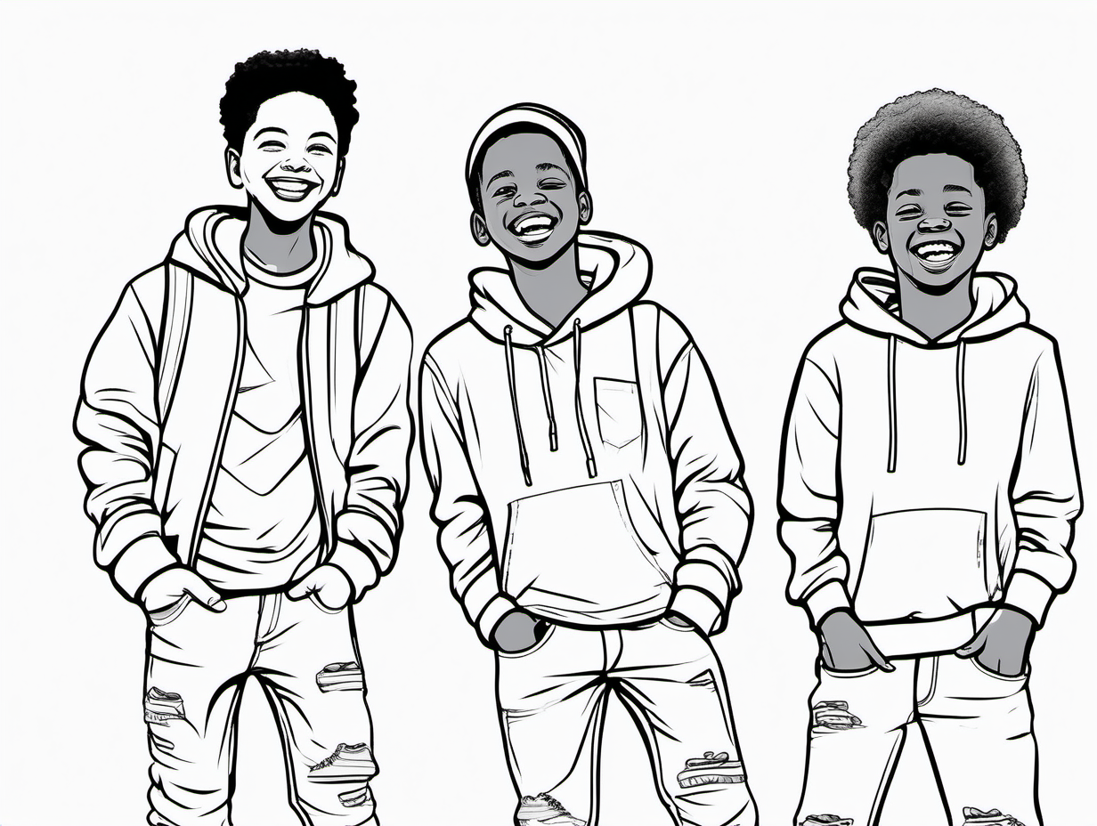 create an outline coloring page of young african american  boys wearing jeans, a hoodie and sneakers, they are laughing and enjoying each other's company in a friendly way