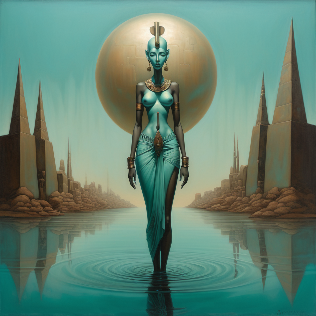 a painting of a woman in a body of water, in the style of brian despain, light teal and dark bronze, elegant figures, patrick woodroffe, distillation of forms, otherworldly landscapes, ramses younan --ar 85:128 --v 5.2