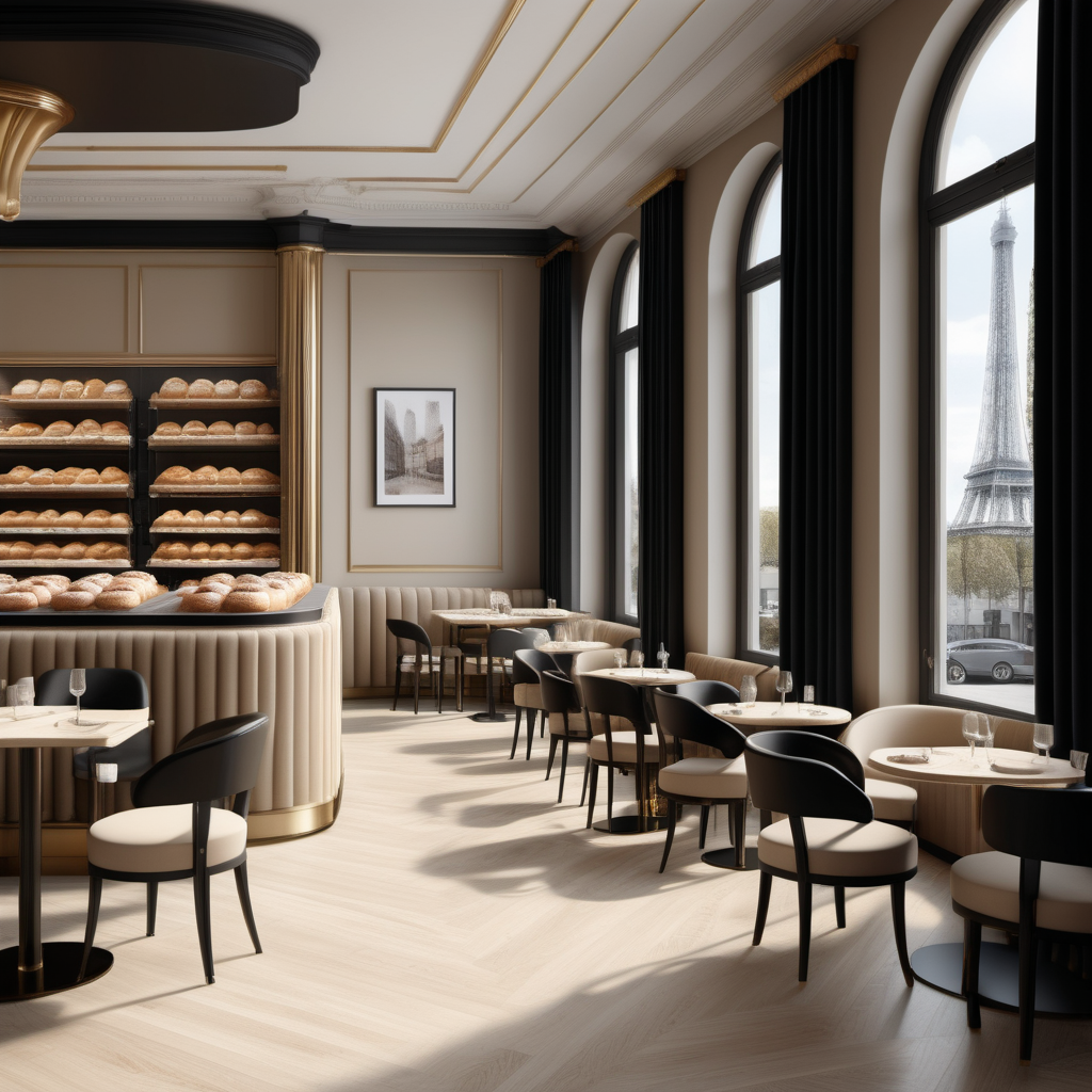 A hyperrealistic image a grand Modern Parisian gourmet bakery with tables and chairs, curtains,  in a beige oak brass and black colour palette with floor to ceiling windows and